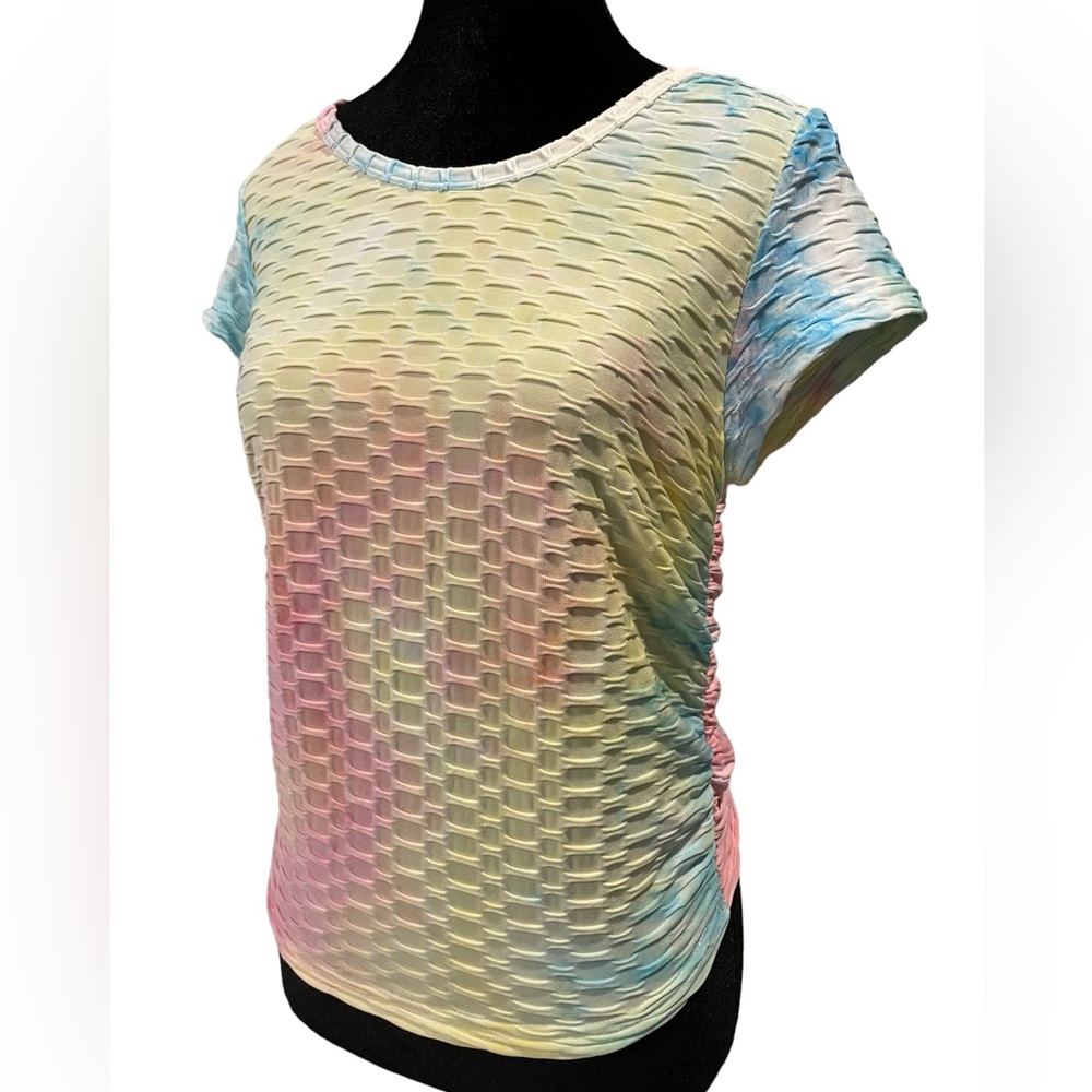 NEW Madrag Bold Tie Dye Trendy Hippie Ruched Side Stretch Athletic Yoga Gym Top